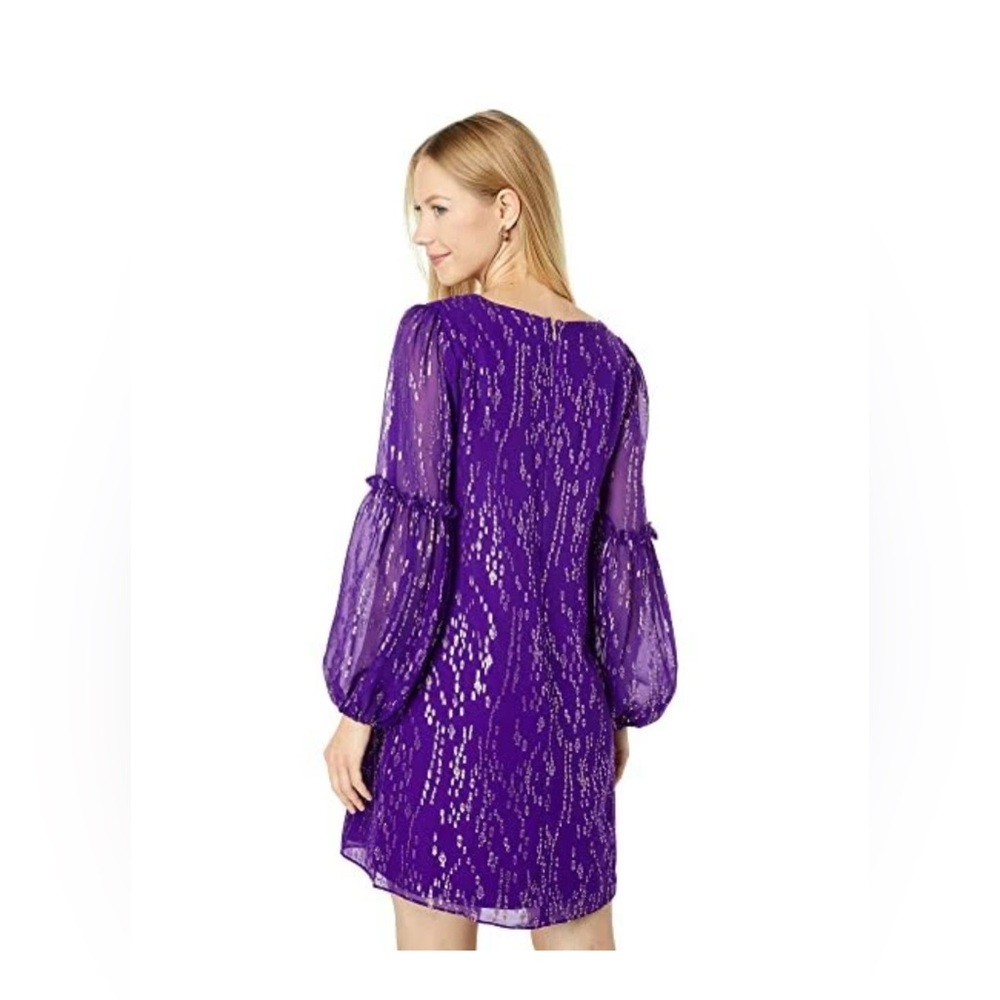 New Lilly Pulitzer Cleme Silk Dress Purple Berry Fish Clip Chiffon Gold Size 00 - Picture 4 of 6
